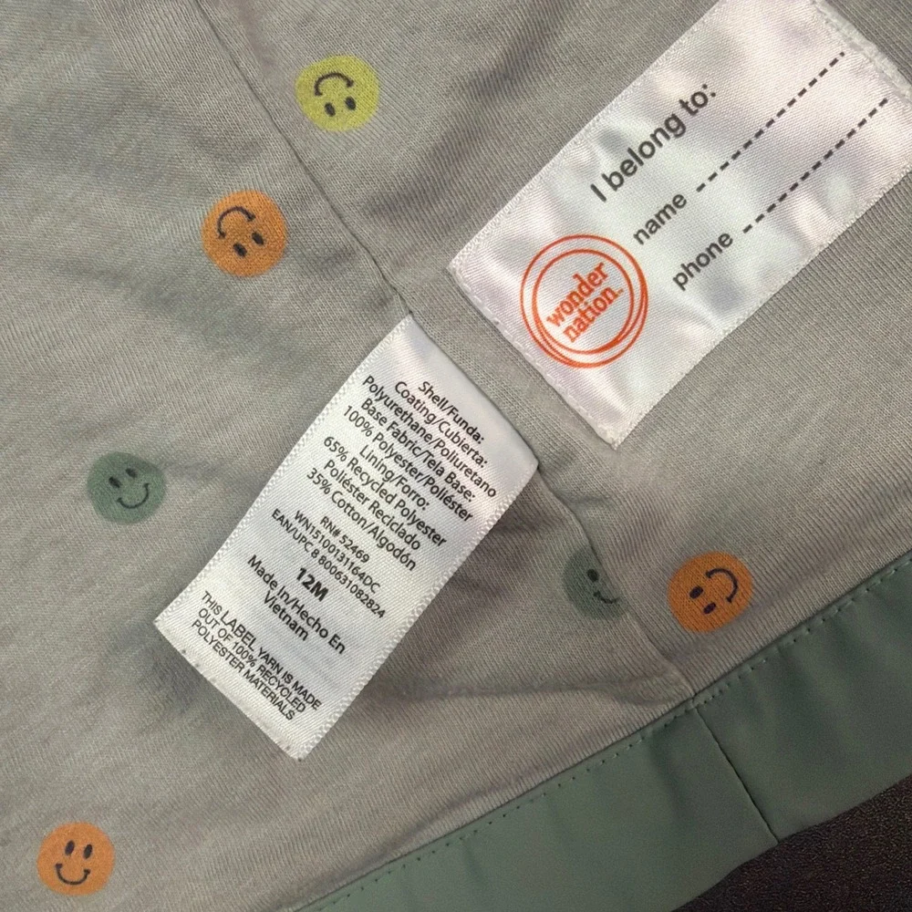Wonder Nation Baby Raincoat Sage Green Hooded Smiley Face Lining 12M Rain Jacket